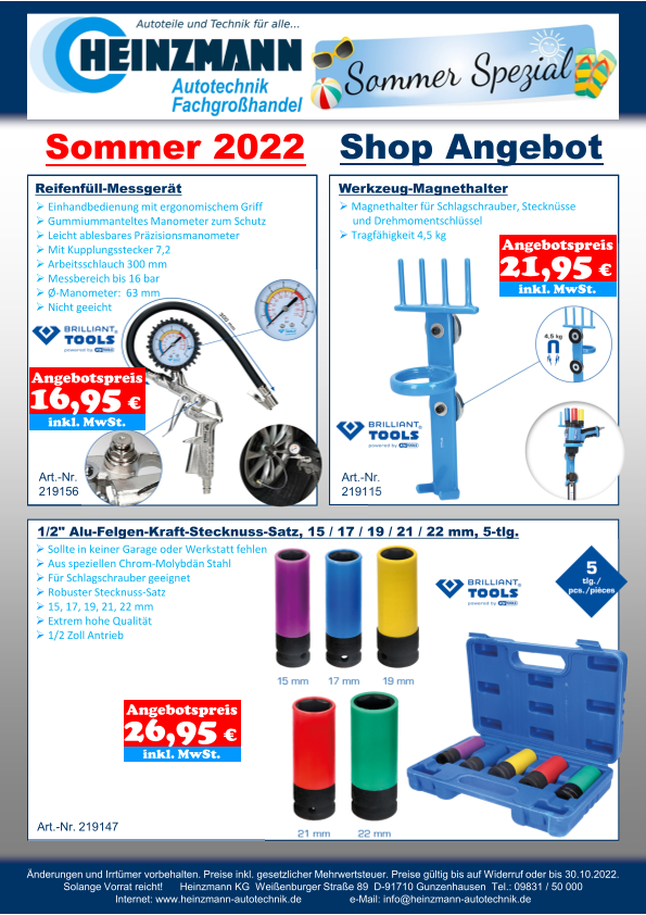 Sommer 2022 - Shop Angebot +++ Brilliant Tools - Reifenfüll-Messgerät +++ Werkzeug-Magnethalter +++ 1/2" Alu-Felgen-Kraft-Stecknuss-Satz, 15 / 17 / 19 / 21 / 22 mm, 5-tlg.