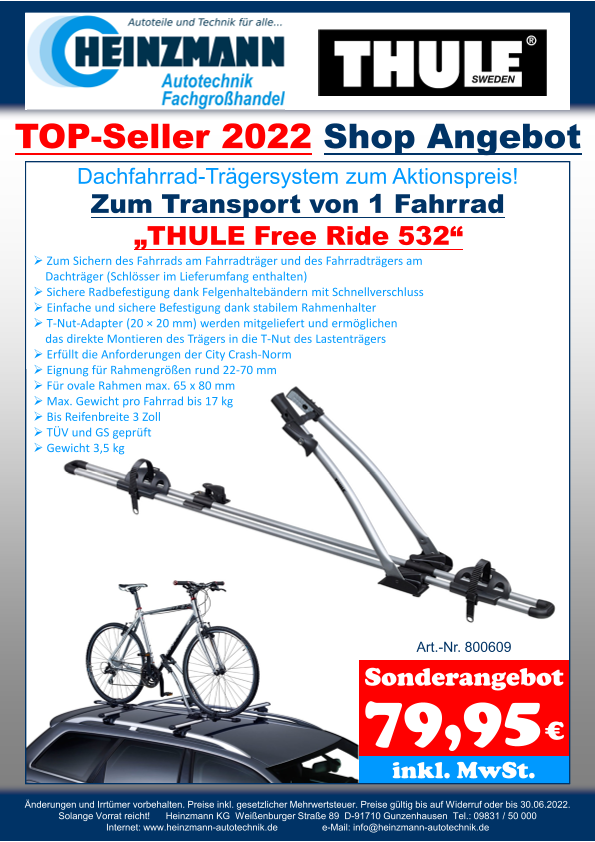 TOP-Seller 2022 - Shop Angebot +++ Dachfahrrad-Trägersystem zum Aktionspreis! +++ Zum Transport von 1 Fahrrad +++ „THULE Free Ride 532“