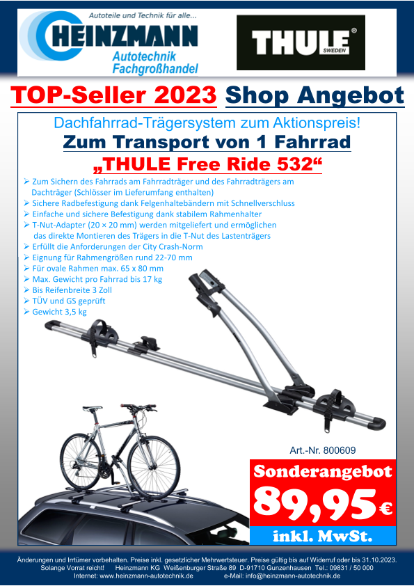 TOP-Seller 2023 - Shop Angebot +++ Dachfahrrad-Trägersystem zum Aktionspreis! +++ Zum Transport von 1 Fahrrad +++ „THULE Free Ride 532“