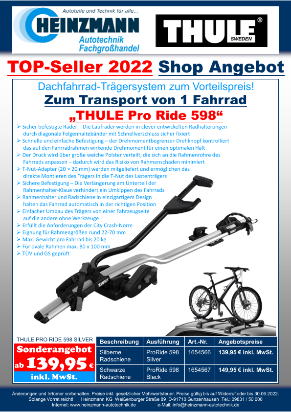 TOP-Seller 2022 - Shop Angebot +++ Dachfahrrad-Trägersystem zum Aktionspreis! +++ Zum Transport von 1 Fahrrad +++ „THULE Pro Ride 598“