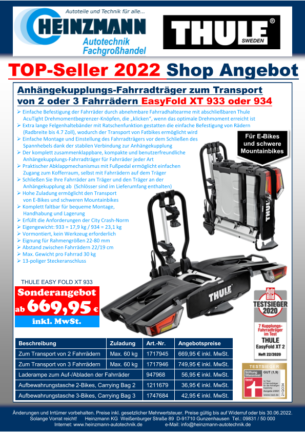 TOP-Seller 2022 - Shop Angebot +++ Anhängekupplungs-Fahrradträger zum Transport von 2 oder 3 Fahrrädern +++ THULE EasyFold XT 933 oder 934“